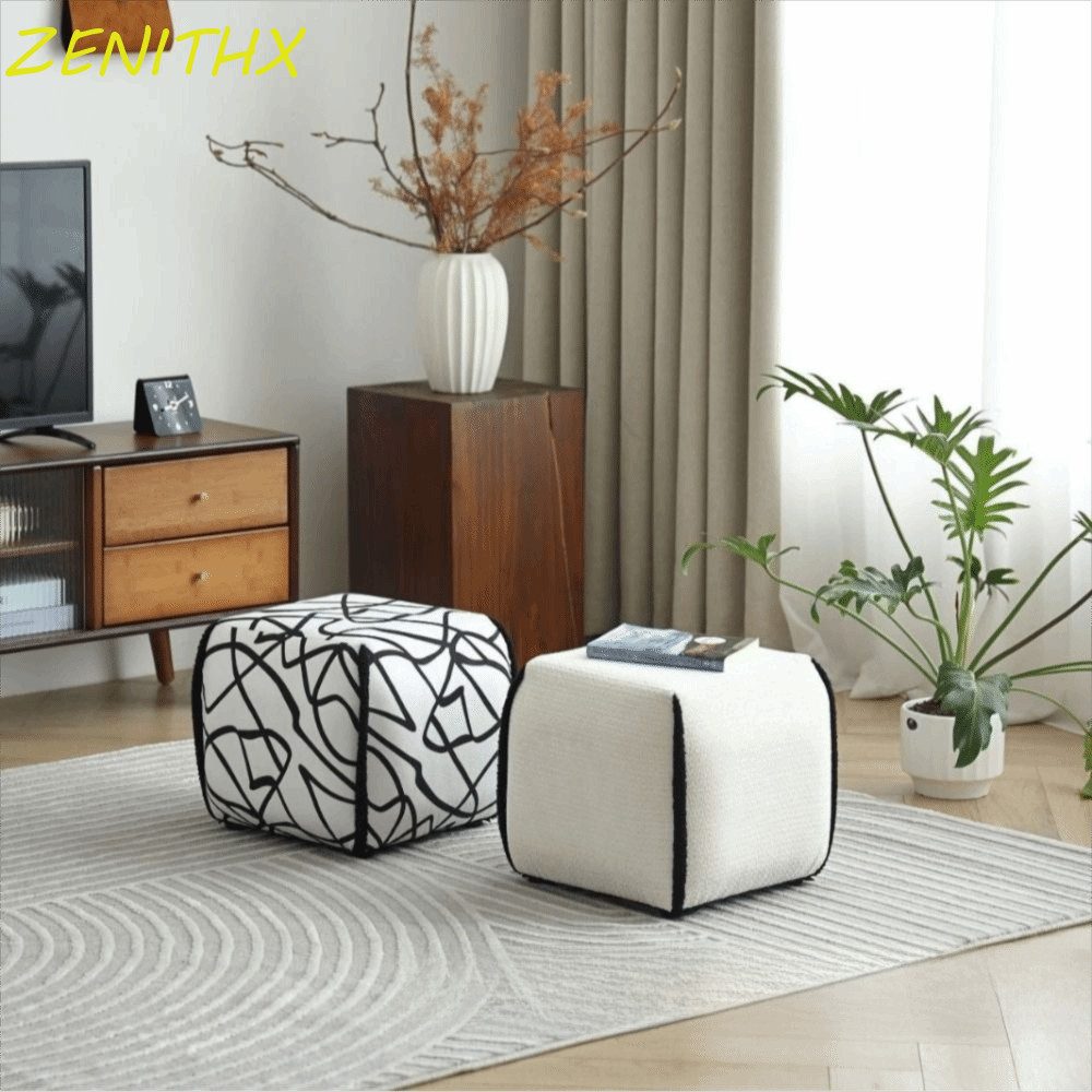 ZENITHX Footrest Low Stool, Soft Upholstered Linen Ottoman Stool, Multifunctional Design Square Shap