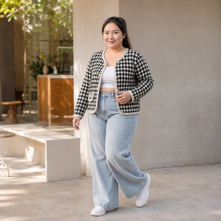 เสื้อคลุมผ้าทวีดเกาหลี มีไซส์ S-7XL คอวีแต่งขอบทูโทน ดีเทลกระดุมมุกสุดละมุน แมทช์ลุคคุณหนูไปคาเฟ่