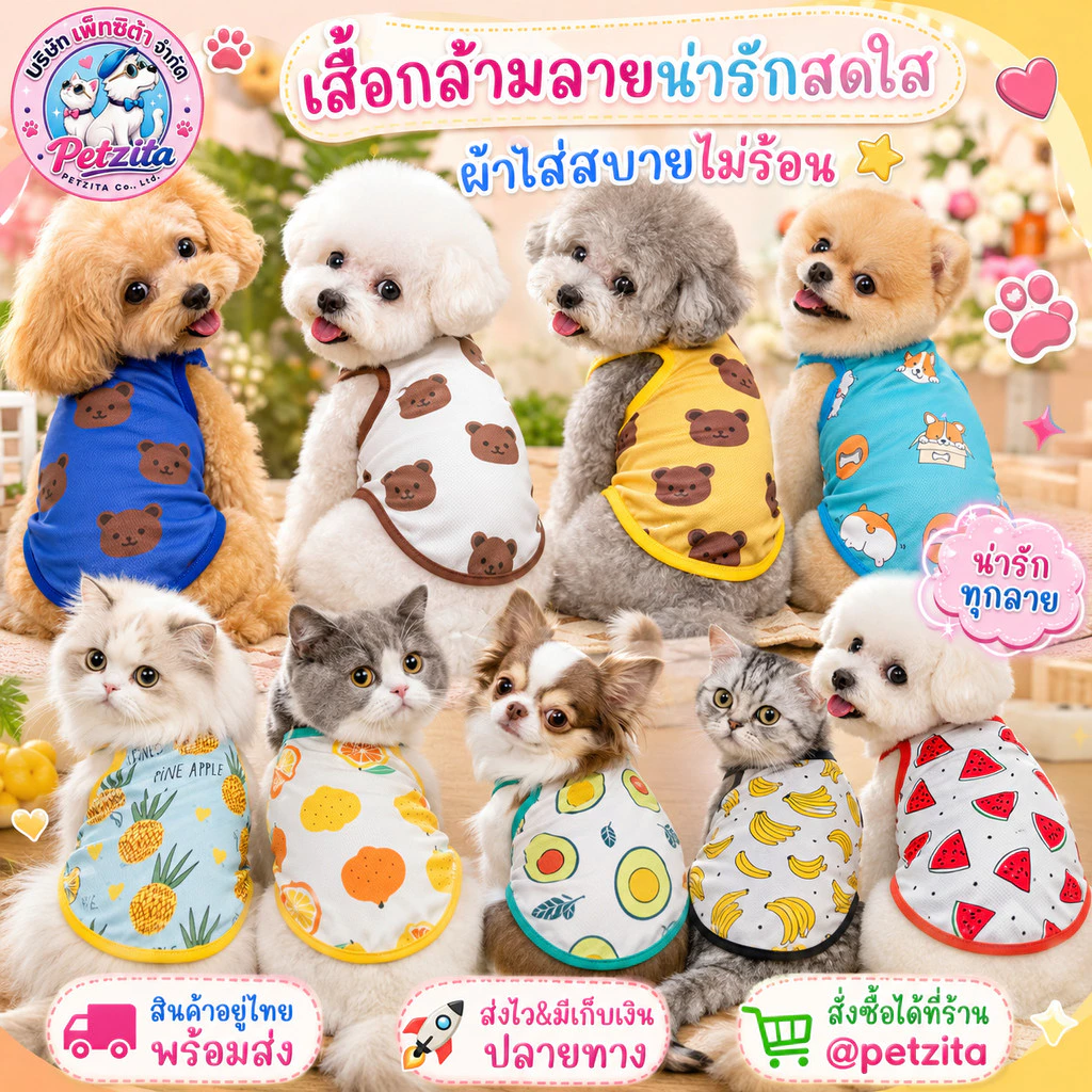 🇹🇭พร้อมส่ง🇹🇭 🍓🍉🍍🐻 เสื้อกล้ามเซ็ทลาย ผลไม้ & หมีบราวน์ น่ารักสุด และ ผ้าใส่สบายมากจ้า /// เสื้อสุนัข ชุดหมา ชุดแมว