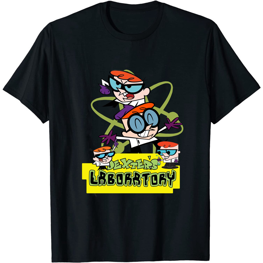 เสื้อยืดแขนสั้นคอกลมผ้าฝ้าย 100% สําหรับผู้ชายพร้อมห้องปฏิบัติการการ์ตูนDexter พิมพ์
