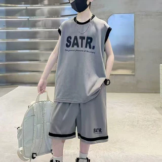 ชุดกีฬาเด็กผู้ชายฤดูร้อนสไตล์เกาหลี แห้งเร็ว ชุดเสื้อกล้ามเสื้อสั้นกางเกงขาสั้นเด็กโต
