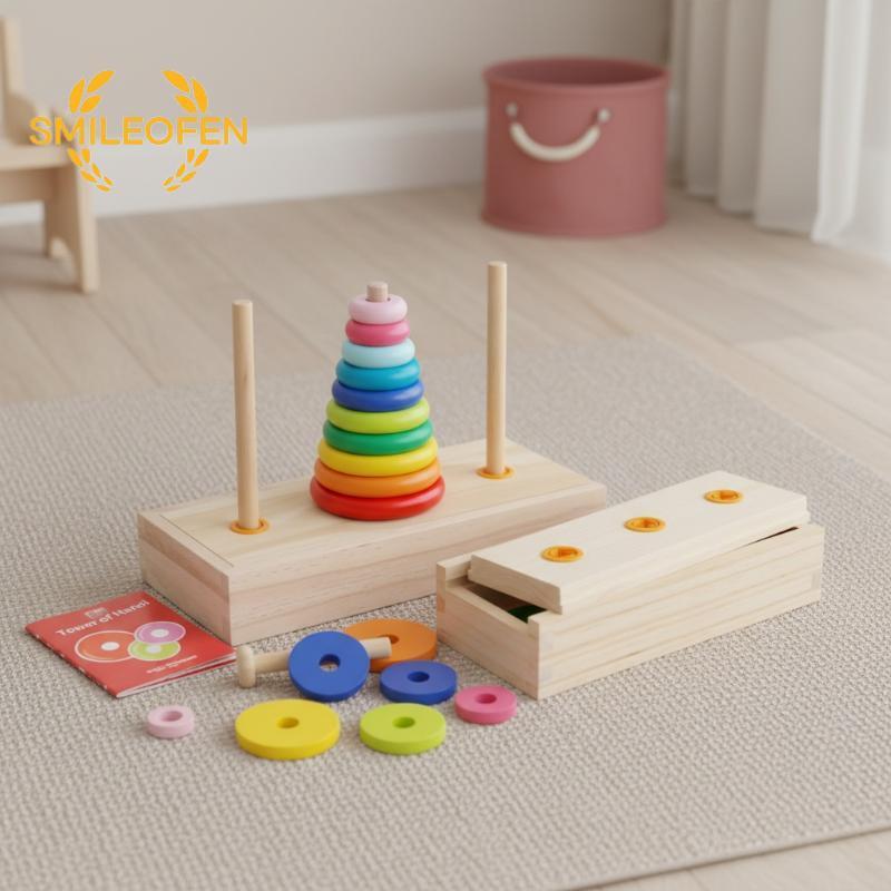 [Smileofen] 8 Rings Tower Of Hanoi Learning ของเล่นไม้ 8 ชั้น Rainbow Tower Building Blo ใหม่