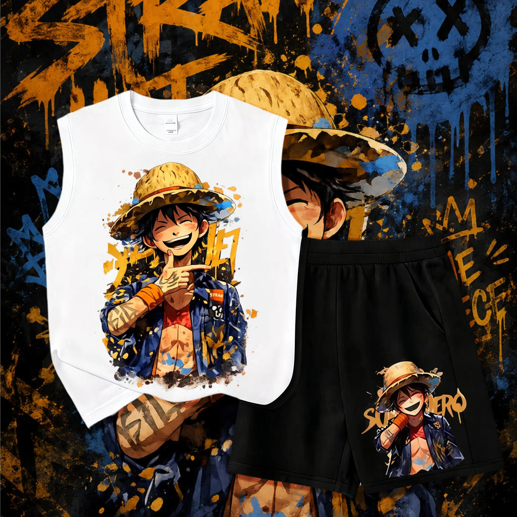 ชุดเซ็ตเสื้อกล้าม+กางเกงขาสั้น ลายอนิเมะสุดเท่ แฟชั่นสตรีทฮิปฮอป ผ้านิ่มใส่สบาย ระบายอากาศดี วัยรุ่นชาย ใส่เที่ยว ใส่เล่