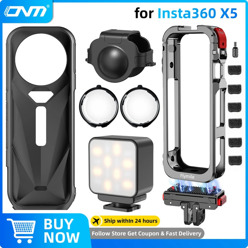อุปกรณ์เสริมชุดสําหรับ Insta360 X5, กรอบโลหะกรง + อะแดปเตอร์ Mount + เลนส์แก้ว Guards + LED เติมแสง + เคสซิลิโคน, สําหรับ Insta 360 X5