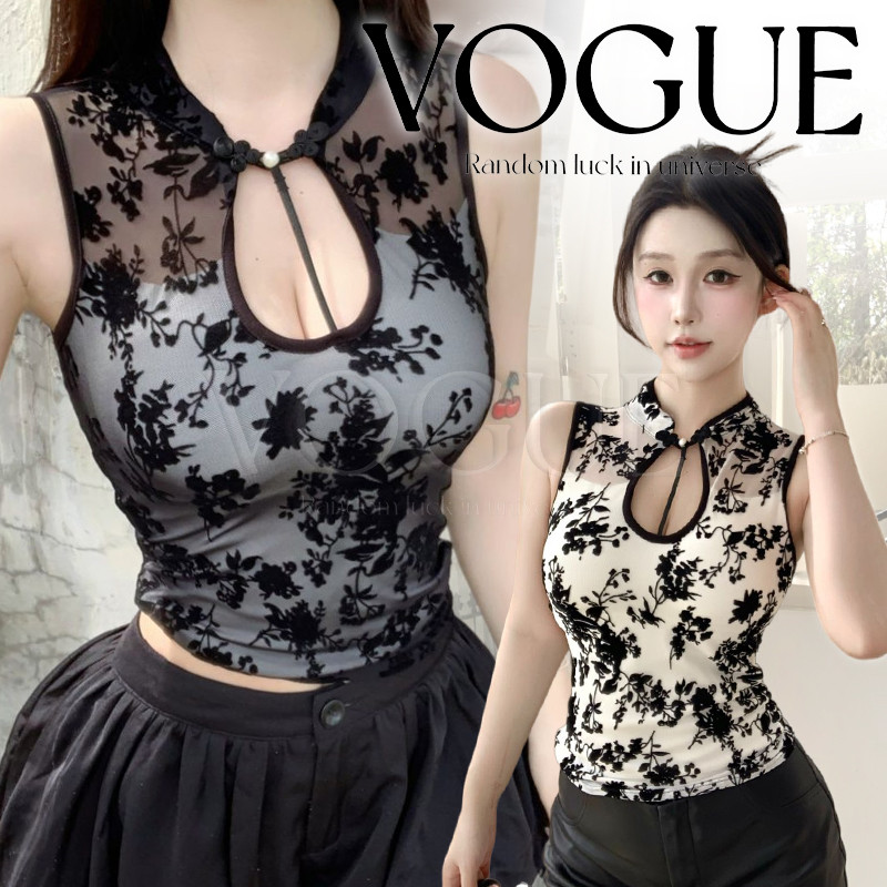Vogue พร้อมส่ง เสื้อแขนกุดผ้าลูกไม้มีซับใน ใส่แล้วเข้ารูปทรงสวย เสริมฟองน้ำสไตล์วินเทจ (FY2957)