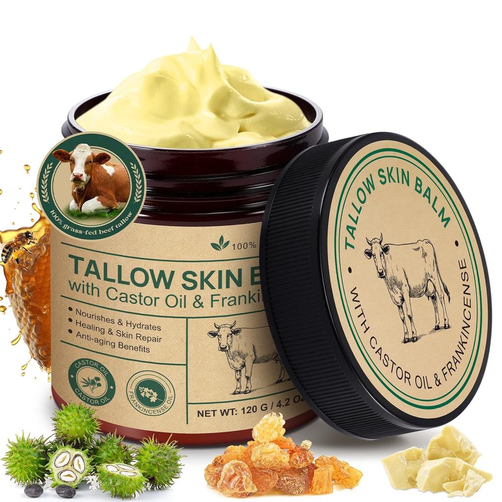 ใหม่ BeefTallowBalmwithFrankincenseandCastoroil4.2fl.oz,100%Grass-FedTallowforCare,Face&BodyforHydra
