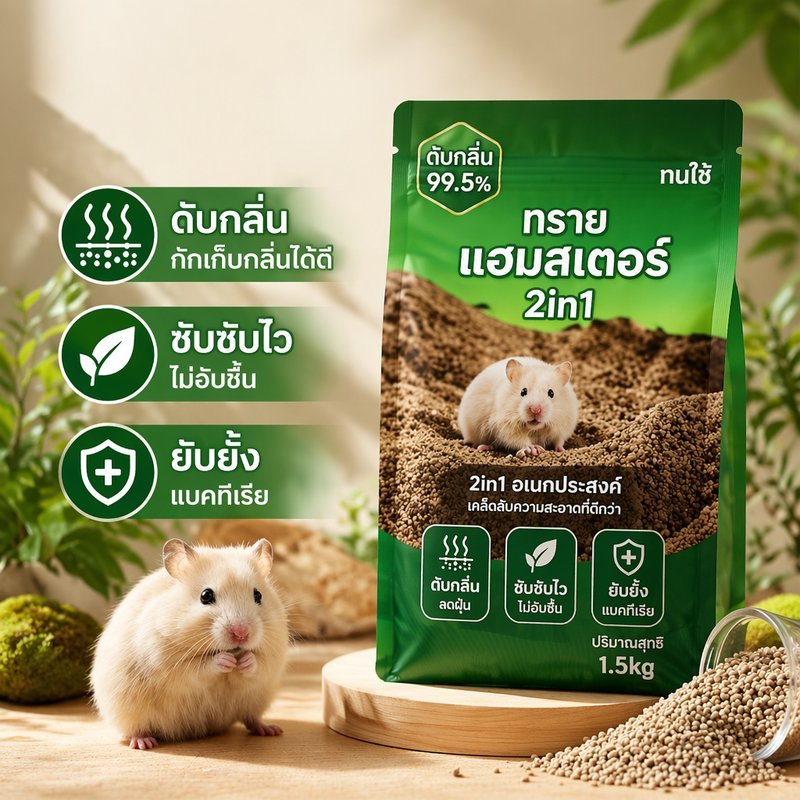 ทรายอาบน้ำหนูแฮมสเตอร์ ทรายห้องน้ำ 2in1 ดับกลิ่น จับตัวเป็นก้อน ฝุ่นต่ำ 900g