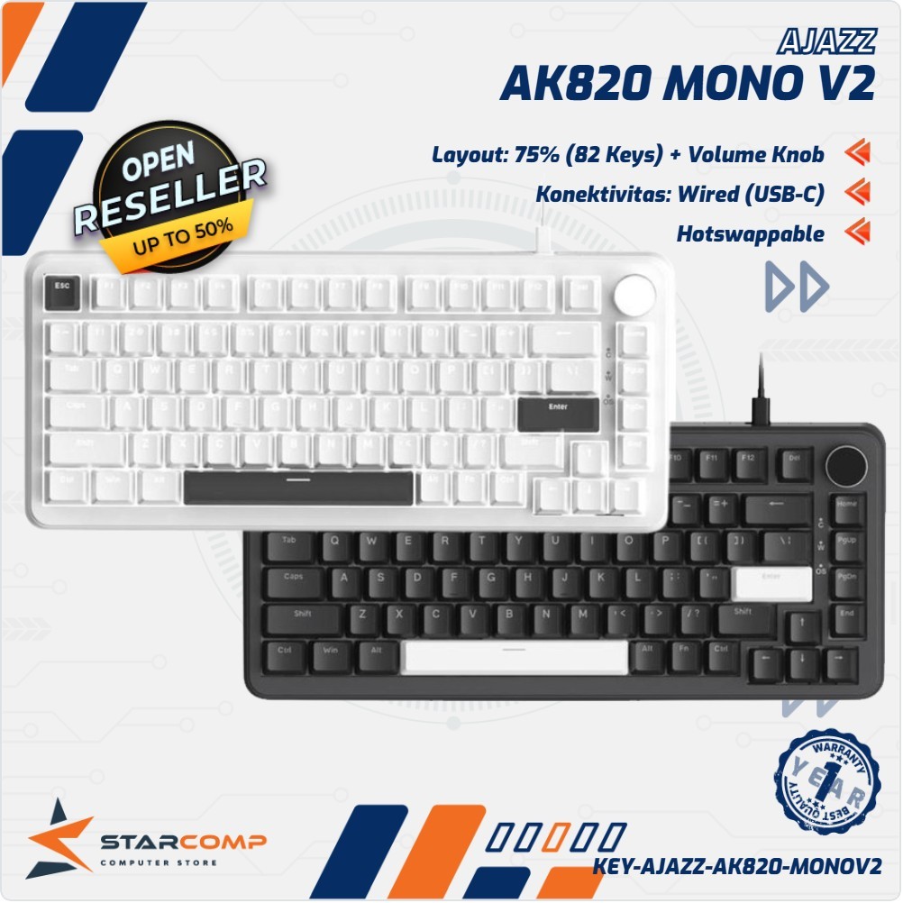 AJAZZ AK820 V2 Monochrome 75% Hotswappable Keyboard พร้อมปะเก็นเมาท์ - คีย์บอร์ดเกม