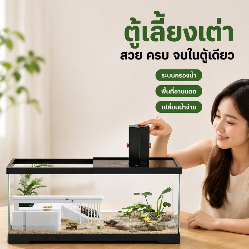 ตู้เลี้ยงเต่า อะคริลิคใส โซนน้ำบก แท่นอาบแดด ฝาปิด ใช้กับระบบกรองน้ำ ดูง่าย