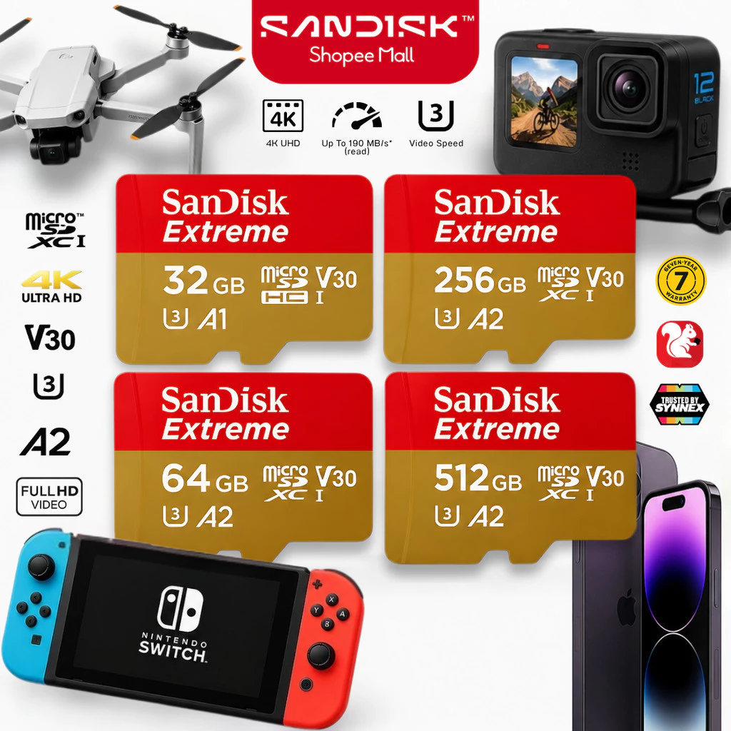 Sandisk Extreme micro SDcard 32GB/64GB/128GB/256GB/512GB/1TB การ์ดหน่วยความจำ A2 V30 อะแดปเตอร์