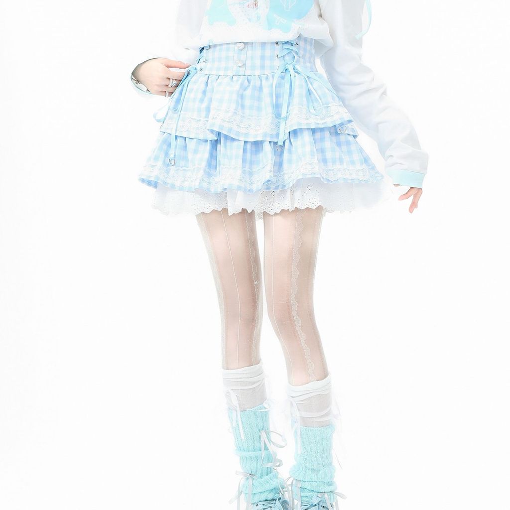 LanguidPark LanguidPark ลายสก๊อต Laced-Up Pettiskirt กระโปรงหญิงกระโปรงเอวสูงกระโปรงเจ้าหญิง