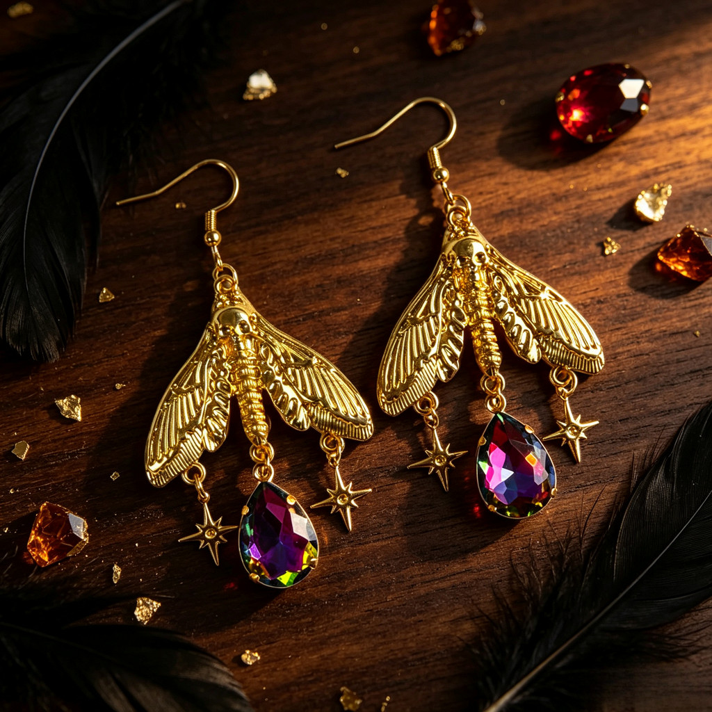 Retro Gilt นูน Moth Magic Water Drop ต่างหูเพชร Gothic แม่มด Star ยาว Dangle หู Hook