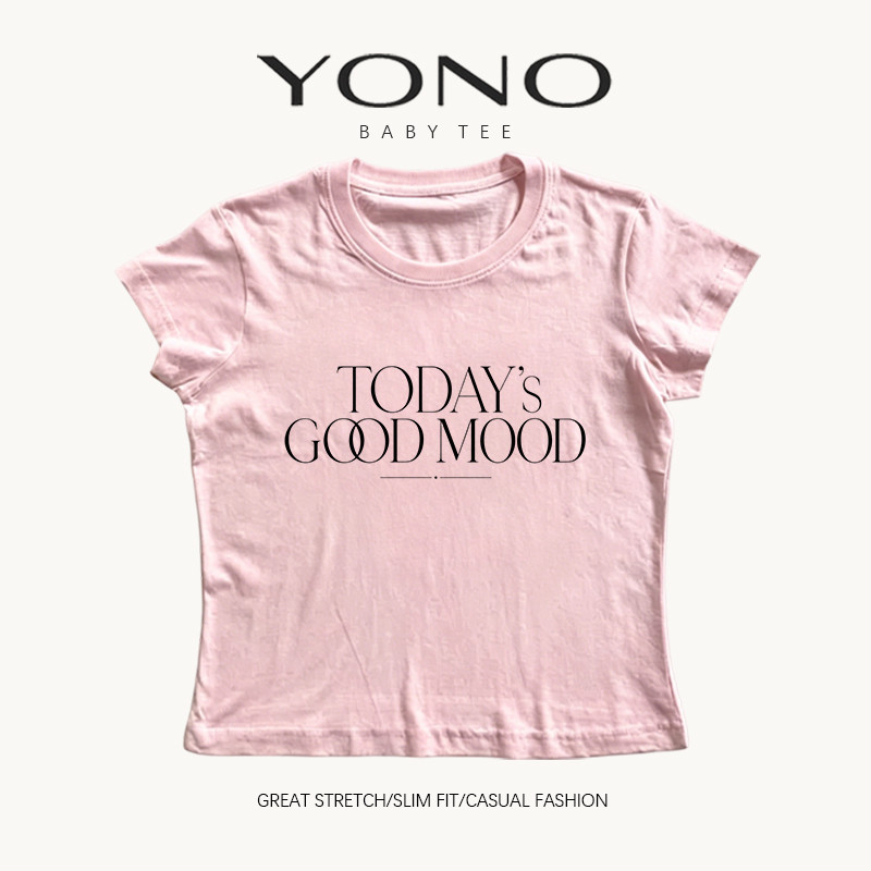(พร้อมส่ง24ชม.) YONO baby tee สีชมพู ลาย TODAY'S GOOD MOOD ทรงเข้ารูป สไตล์เกาหลี มินิมอล