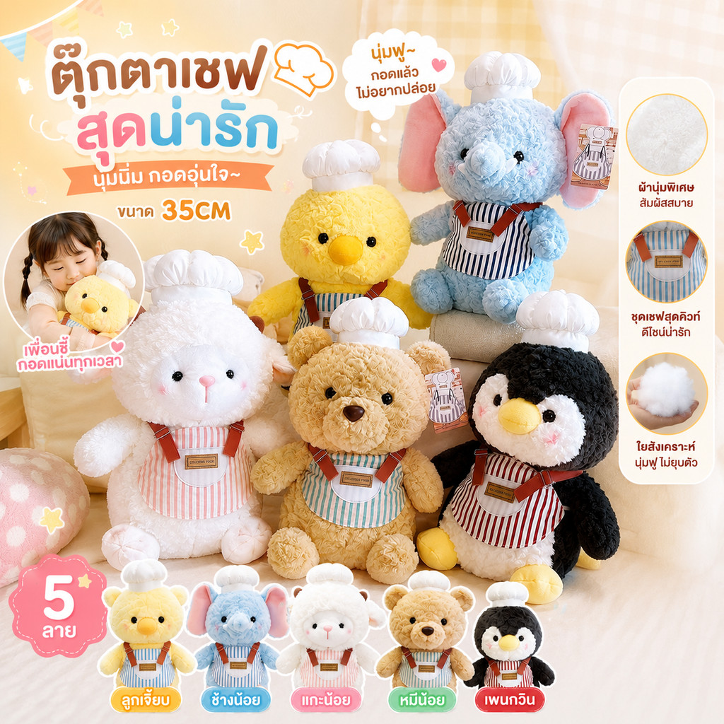 COD ตุ๊กตาขนฟู ใส่ชุดเชฟ 35CM น่ารัก ของขวัญวันเกิดและ สไตล์การ์ตูน ของขวัญวันเกิดและเทศกาล