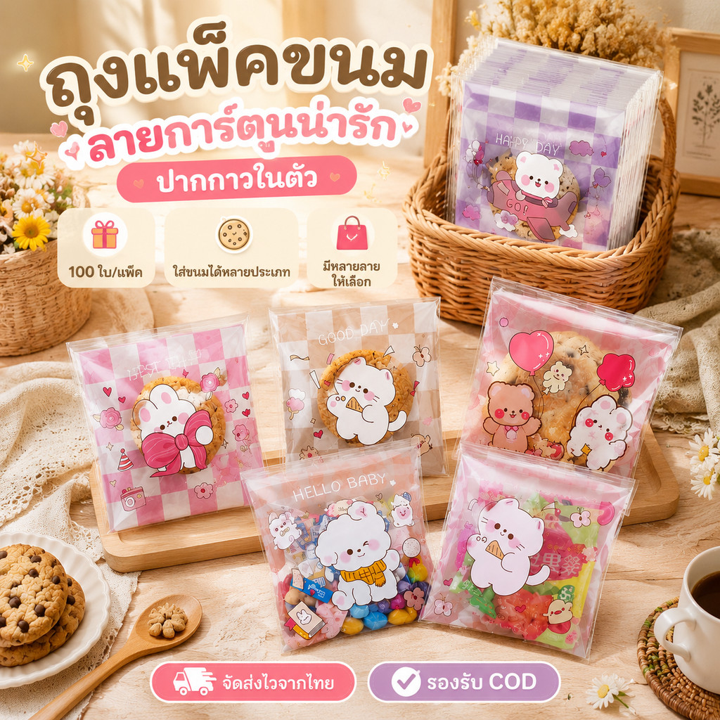 ถุงฝากาว 7×7+3 ซม. ถุงขนมลายน่ารัก 100 ใบ/แพ็ค ถุงเบเกอรี่ ถุงคุกกี้ ถุงใส่ขนม ลูกอม ของชำร่วย DIY COD