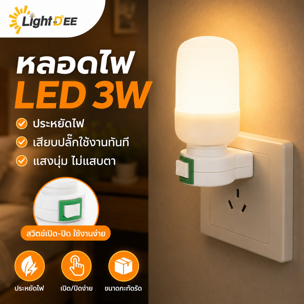 หลอดไฟ เสียบปลั๊กหลอด LED 3W. daylight Mini Night Light ไฟหัวเตียง ไฟห้องนอน