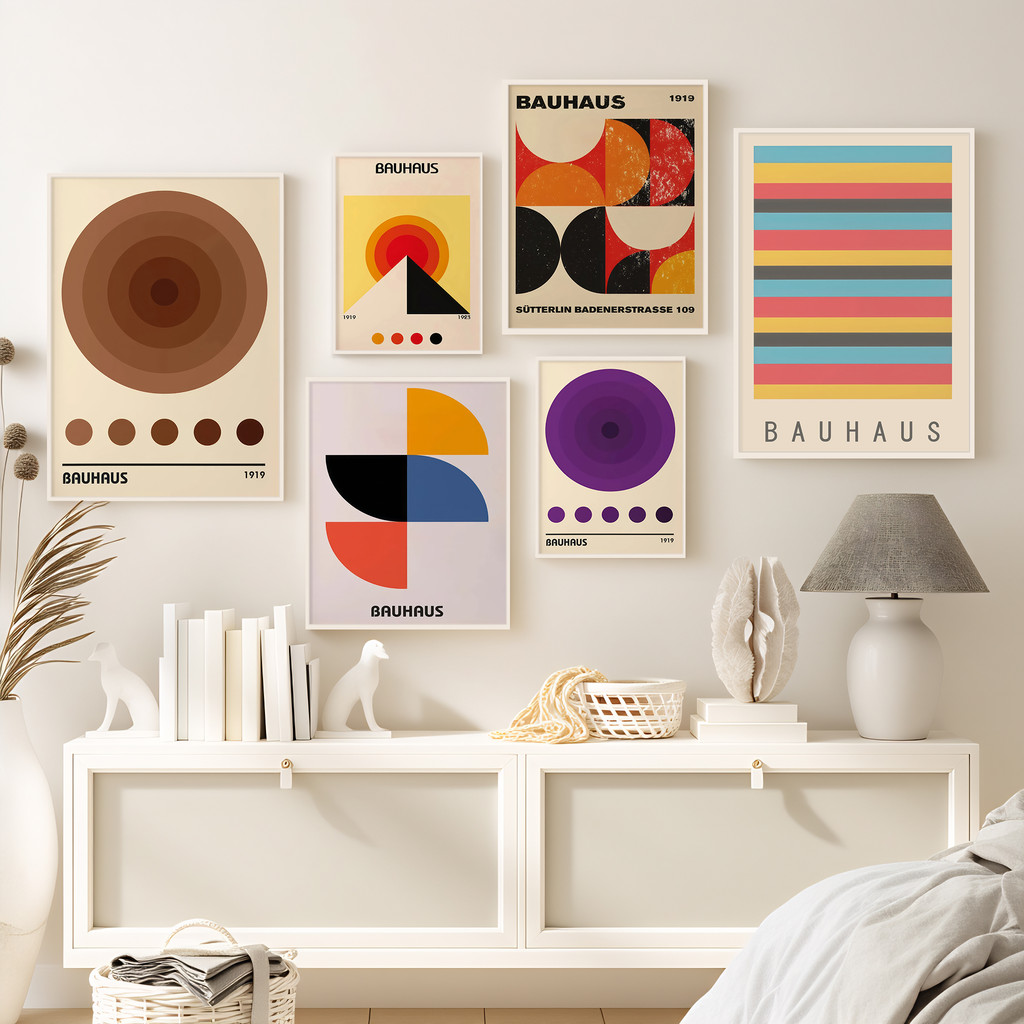 กรอบ Bauhaus บทคัดย่อเรขาคณิตผ้าใบ Wall Art บล็อกสี Mid Century ตกแต่งห้องนั่งเล่นที่ทันสมัย