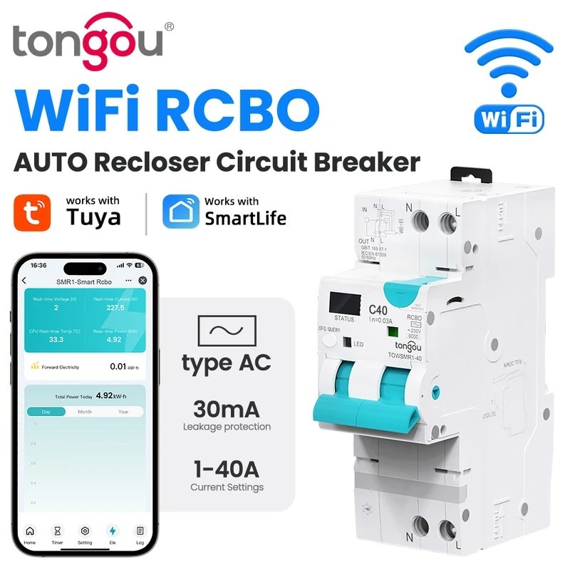 TUYA WIFI RCBO LED ปรับสมาร์ท Circuit Breaker Residual Current Circuit Breaker ที่มีกระแสเกินและป้อง