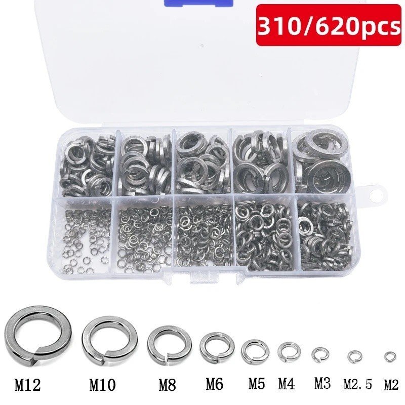 (Hot) 310/620 ชิ้น 304 สแตนเลสสปริงเครื่องซักผ้าชุดแยก 9 ขนาด M2 M2.5 M3 M4 M5 M6 M8 M10 M12 VFAU