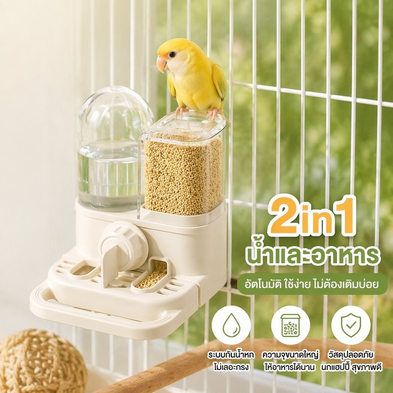 ที่ให้น้ำนกแก้ว อัตโนมัติ 2in1 ถังน้ำแรงโน้มถ่วง กันหก ปรับสูง ที่ให้อาหารนก ดูแลง่าย