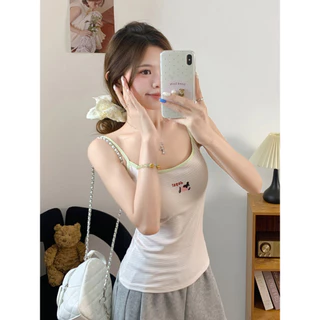 Vogue🌟พร้อมส่ง🌟 เสื้อยืดสายเดี่ยวลายการ์ตูนผสมผ้าสก็อต รุ่นใหม่ฤดูร้อนมีฟองน้ำในตัว สวยน่ารัก (FY3023)
