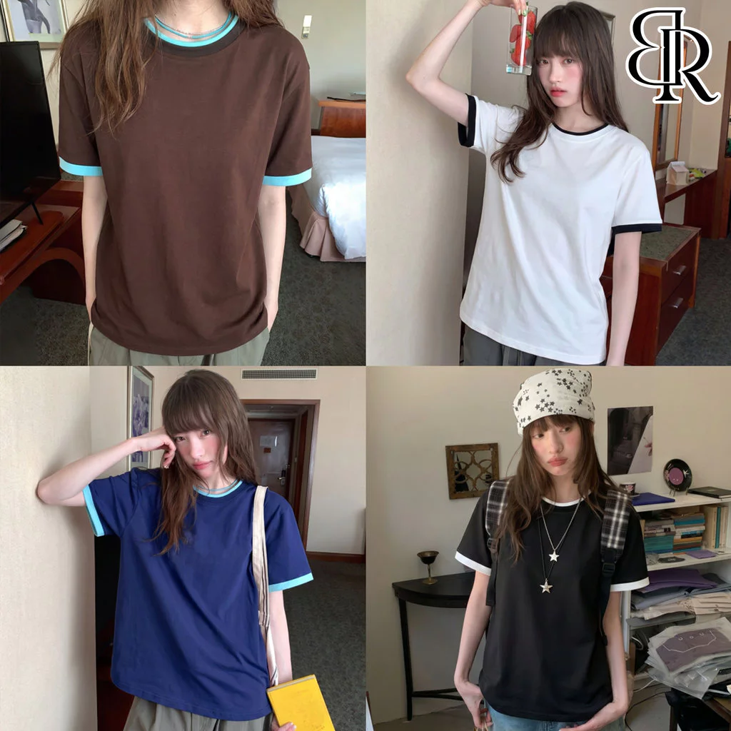 B&R พร้อมส่ง เสื้อยืดแขนสั้นคอกลม เสื้อทรงหลวมตัดสีขอบ เนื้อผ้านุ่มไม่ยับ ผู้หญิงฤดูร้อน สไตล์เกาหลี