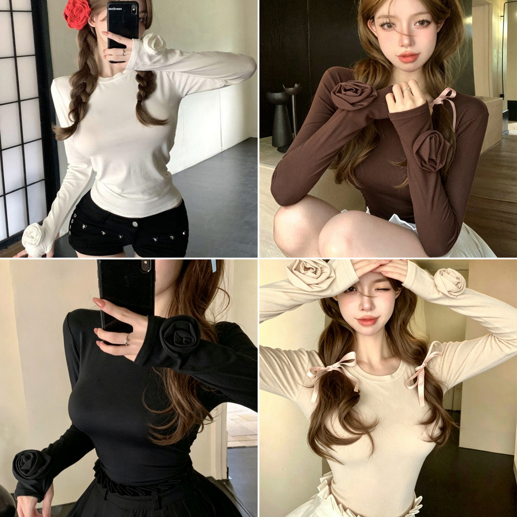 Bella Shop เสื้อยืดผู้หญิง เสื้อยืดแขนยาวคอกลมลายกุหลาบ ทรงเข้ารูป  ดีไซน์สวยหรูและน่ารักสำหรับฤดูร้อน มีหลายสีให้เลือก