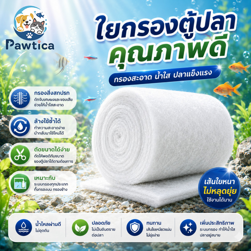 PawTica แผ่นกรองน้ำตู้ปลาชนิดละเอียด ใยแก้วกรอง กรองละเอียดเพื่อความใสของน้ำ ล้างใช้ซ้ำ คุ้มค่า ตัดให้พอดีกับช่องได้
