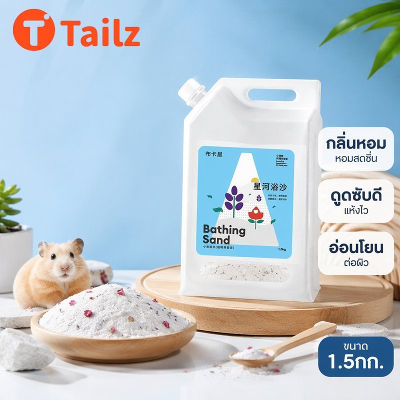 Tailz ทรายอาบน้ำแฮมสเตอร์ กลิ่นไผ่ใบชา ไร้ฝุ่นต่ำ เม็ดละเอียด ดับกลิ่น ดูดซับน้ำมัน สำหรับสัตว์เล็ก