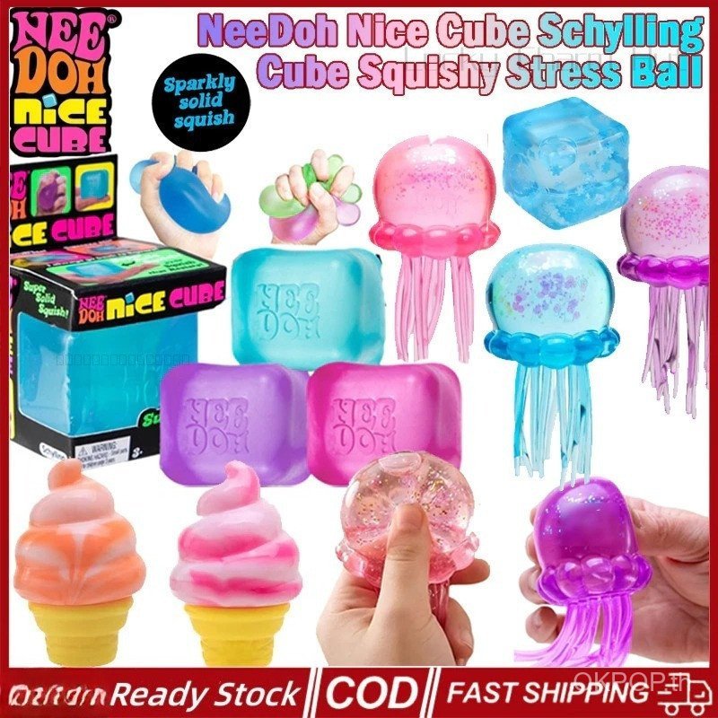 Nice Cube & Jellyfish Squishy Set ของเล่นคลายเครียดแข็งกลิตเตอร์ EXK0