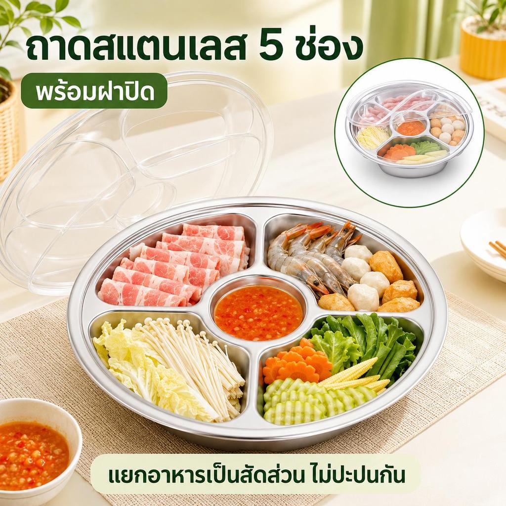 ถาดสเตนเลส 304 แบ่ง 5 ช่อง พร้อมฝาปิด จานหลุมใส่อาหาร ถาดเตรียมวัตถุดิบ สำหรับชาบู หมูกระทะ ผลไม้และของว่าง