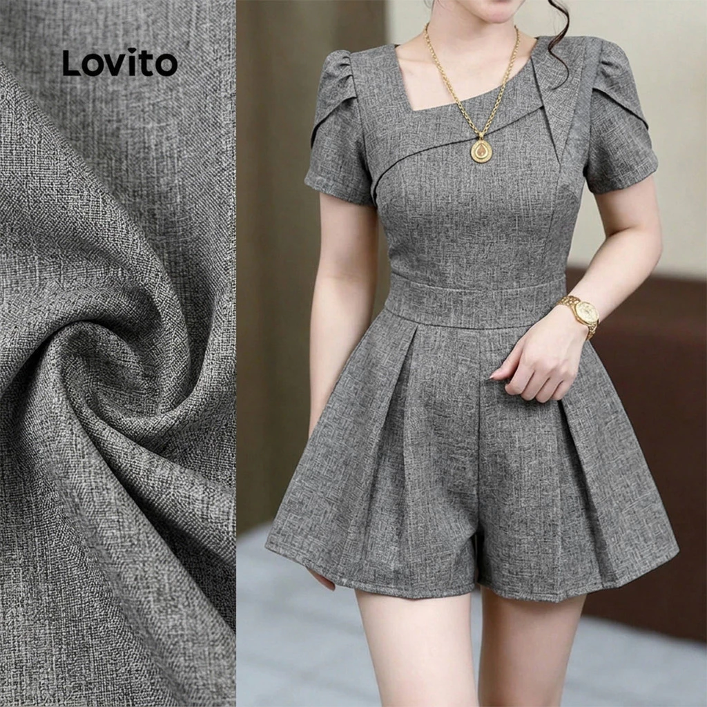 Lovito จั๊มสูทผู้หญิงสีเทา สไตล์ลําลอง ทรงไม่สมมาตรระบายพลิ้วไหว เหมาะสําหรับใส่ในฤดูใบไม้ผลิและฤดูร้อน L189ED207
