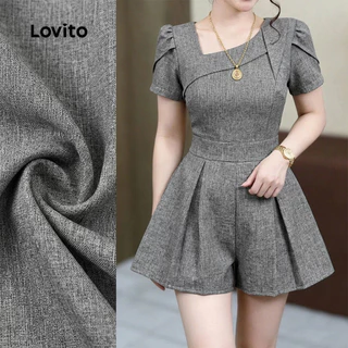Lovito จั๊มสูทผู้หญิงสีเทา สไตล์ลําลอง ทรงไม่สมมาตรระบายพลิ้วไหว เหมาะสําหรับใส่ในฤดูใบไม้ผลิและฤดูร้อน L189ED207