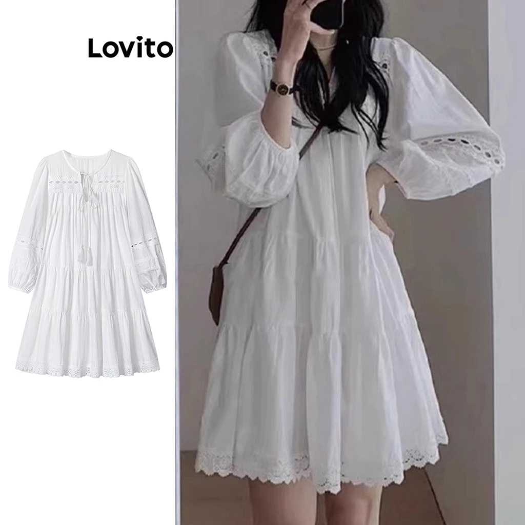 Lovito วันหยุด ชุดเดรสเรียบๆ รูดจีบสำหรับผู้หญิง เกาหลี อินเทรนด์ LNA73035