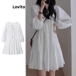 Lovito วันหยุด ชุดเดรสเรียบๆ รูดจีบสำหรับผู้หญิง เกาหลี อินเทรนด์ LNA73035
