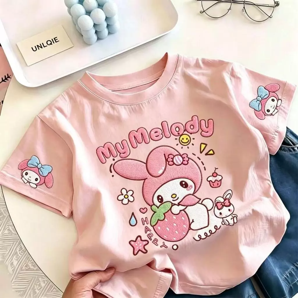 [UNLQIE] 2026 เสื้อแขนสั้นสำหรับเด็กชายและเด็กหญิง ลาย My Melody แฟชั่นล่าสุด สไตล์เกาหลี หลากสี ทำจากผ้าฝ้ายแท้ 100% นุ