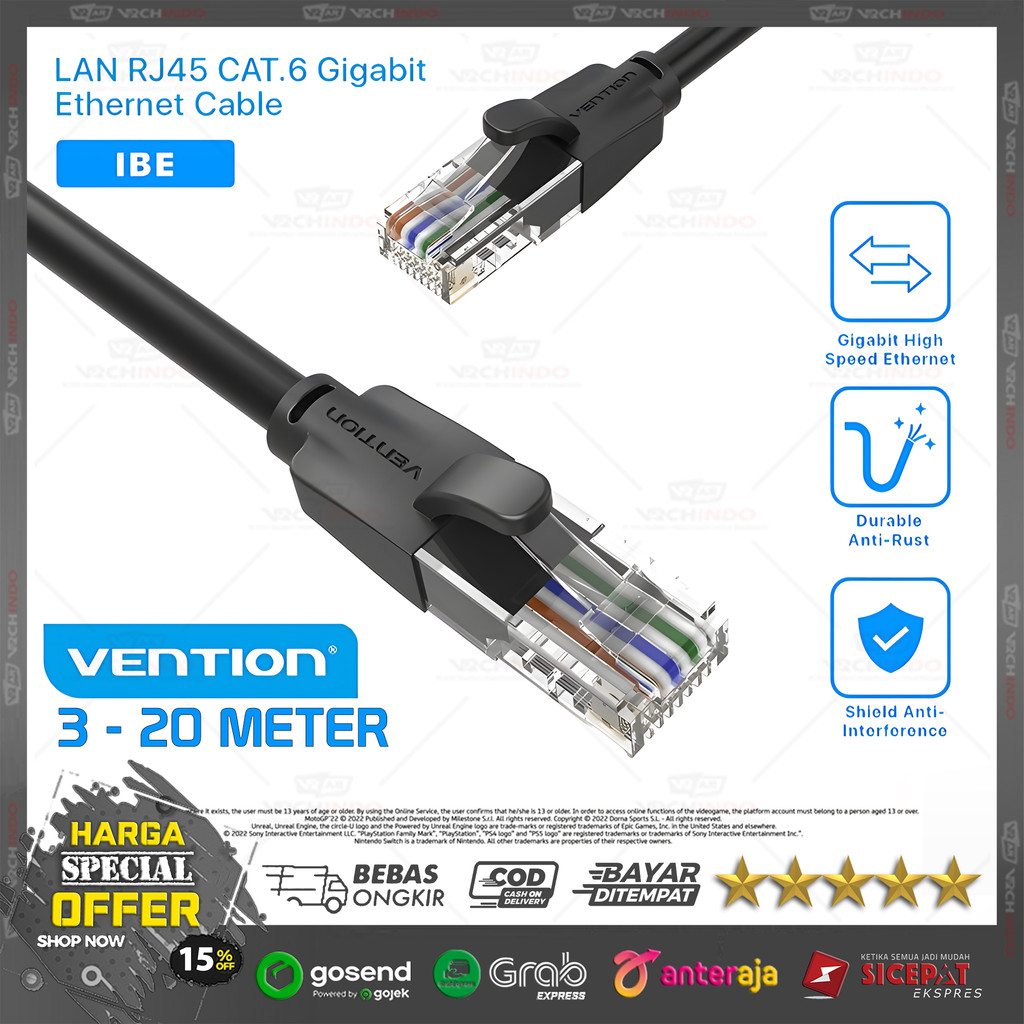 สายเครือข่าย LAN / สาย RJ45 / สายอินเตอร์เน็ต | Vention Cat 6 / Cat6e 1M / 2M / 3M / 5M / 10M / 15M 