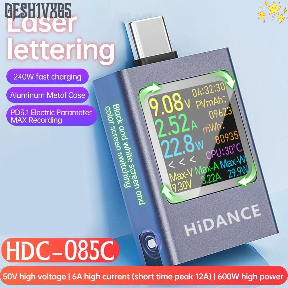GESH1VX65 USB Type-C Tester,มัลติฟังก์ชั่นLEDสีType-C Charger Tester,อลูมิเนียมDC 4.5-50V 0-12A 600W