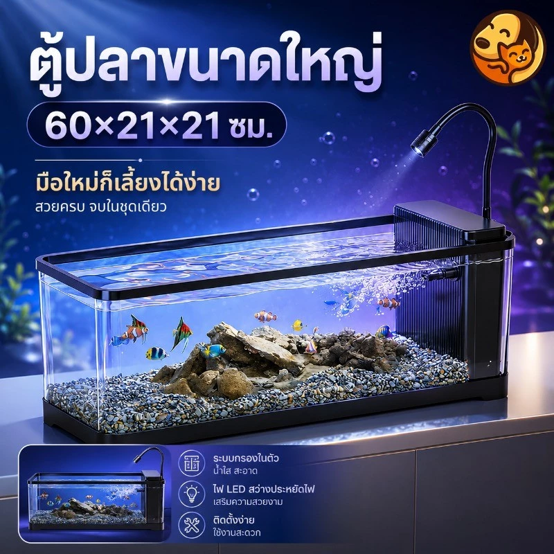 COD ตู้ปลาเชิงนิเวศน์ตั้งโต๊ะ 24นิ้ว กรองซ่อน น้ำตกใส ไฟLED อะคริลิกใสสูง มีฝาปิด ชุดตกแต่งครบ เหมาะสำหรับมือใหม่
