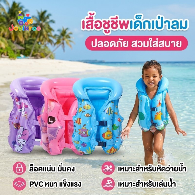 เสื้อชูชีพเด็กเสื้อกั๊กว่ายน้ําพองหนาพีวีซีสายรัดปรับได้ความปลอดภัยหัวเข็มขัดน้ําหนักเบา