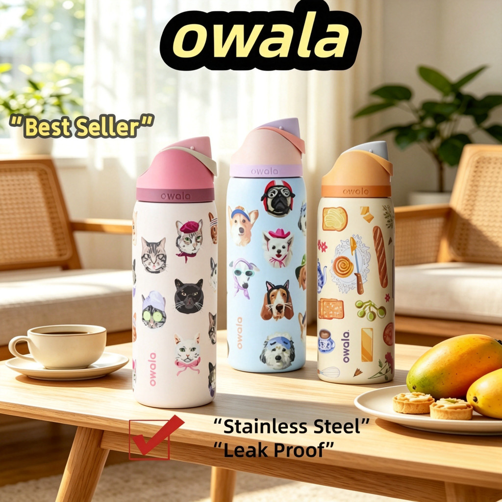 สินค้าขายดี Owala FreeSip Tumbler ขวดน้ําหุ้มฉนวนสแตนเลส 24/32oz Leakproof 2-in-1 Sip ขวดกีฬาพิมพ์การ์ตูนน่ารักสําหรับโรงเรียนกลางแจ้ง