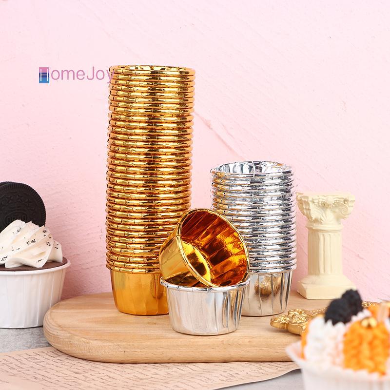 [HomeJoy-t] 50 ชิ้นมินิคัพเค้กฟอยล์ Cupcake Wrapper กระดาษทองเงิน Cupcake ถ้วยอบ