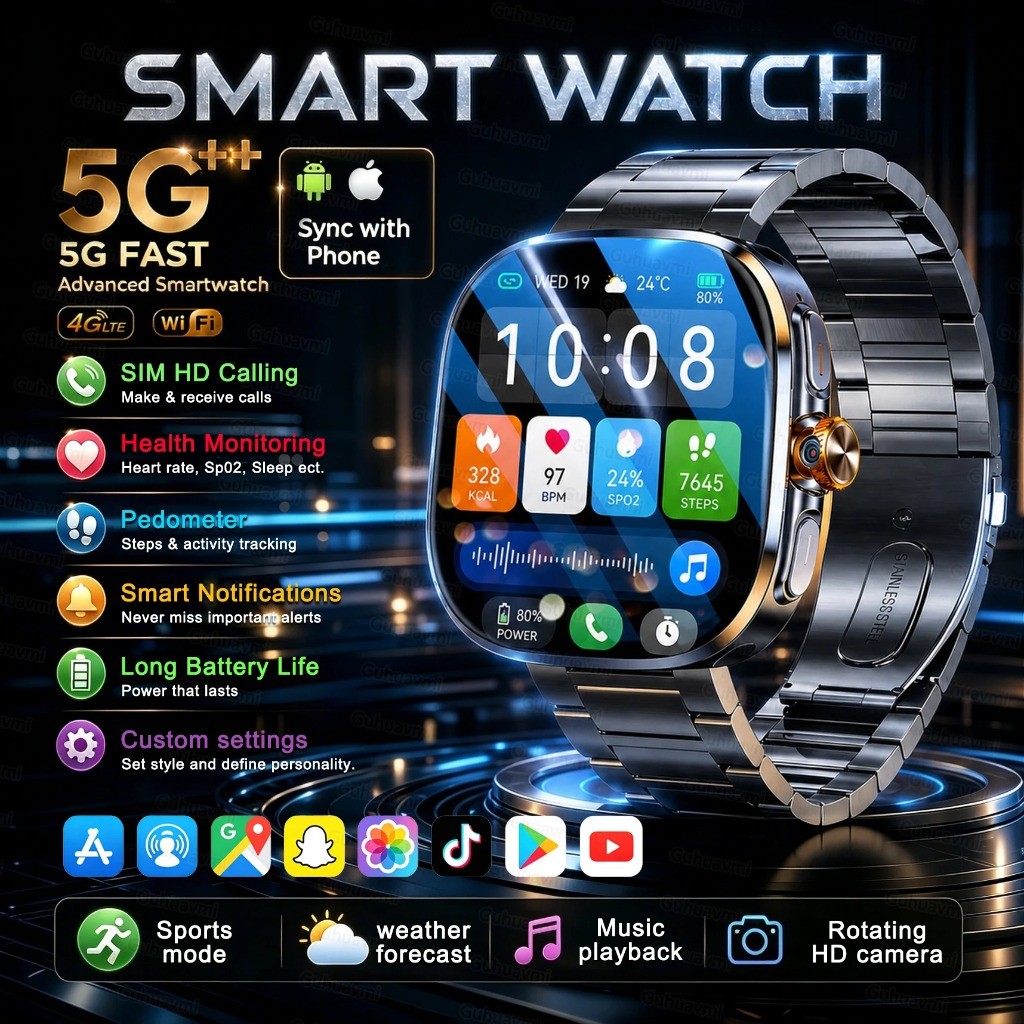 5G/4G เครือข่ายเต็มรูปแบบสมาร์ทนาฬิกา 2.40 นิ้ว Sapphire AMOLED หน้าจอวิดีโอ 8GB + 128GB RAM 2100mAh