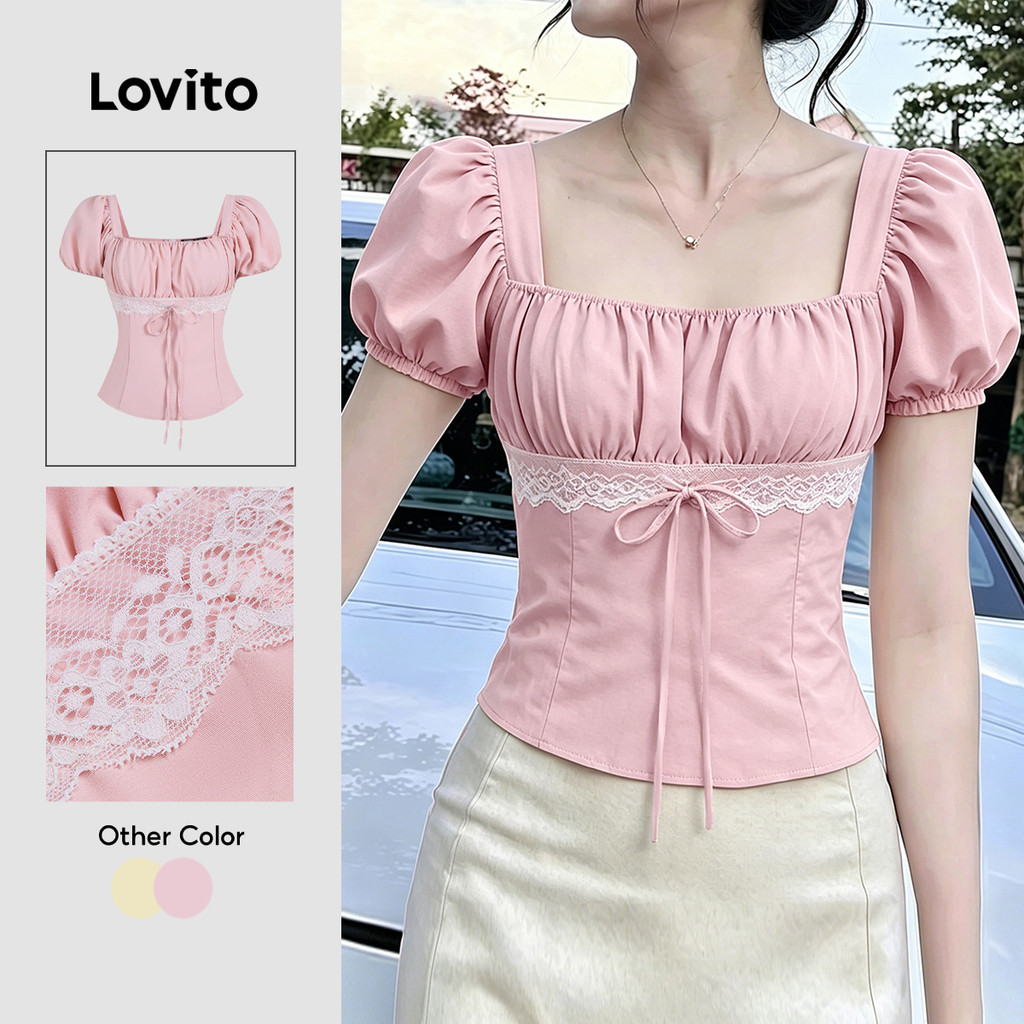 (New Arrival) Lovito เสื้อลำลองสไตล์เกาหลี เย็บโบว์ มีซิป สีชมพู สำหรับผู้หญิง เหมาะสำหรับฤดูใบไม้ผลิ/ฤดูร้อน L195ED080