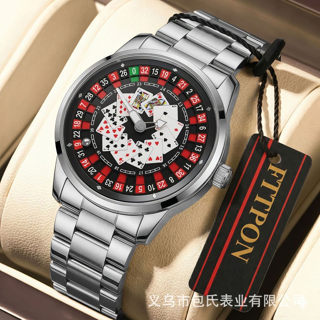 สไตล์ใหม่ Solitaire Casino Turntable นาฬิกาอเมริกันภาษาเช็คคําเสือดาวนาฬิกาผู้ชายนาฬิกาควอตซ์
