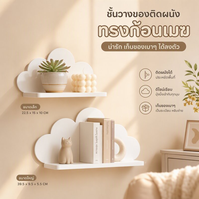 ชั้นวางของติดผนัง รูปเมฆ น่ารัก สไตล์มินิมอล มีรั้วกันตก แต่งห้องเด็ก วางของจุกจิก