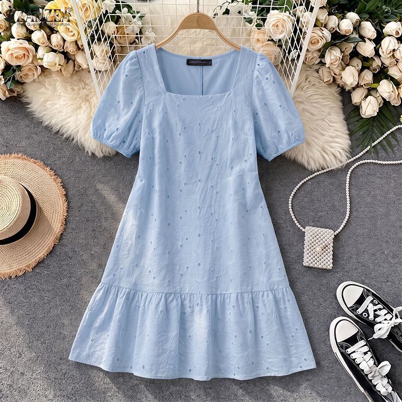 ZANZEA ผู้หญิงวันหยุดเกาหลี Vibes สแควร์คอพัฟแขน Hollow Lace Ruffles Hem A-Line Dresses — صورة 5