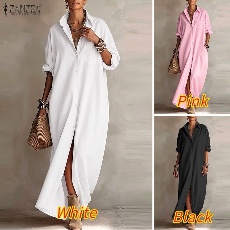 ZANZEA ผู้หญิงวินเทจ Elegant Office ชุด Turn-Down-Collar แขนยาวหลวม Maxi ตรง Shirtdress — صورة 3