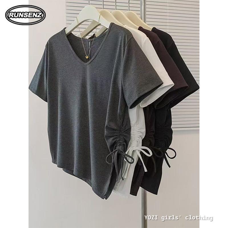 M-4XL ธรรมดาแฟชั่น V คอ Drawstring Tshirt ผู้หญิง Plus ขนาดหลวมด้านบน
