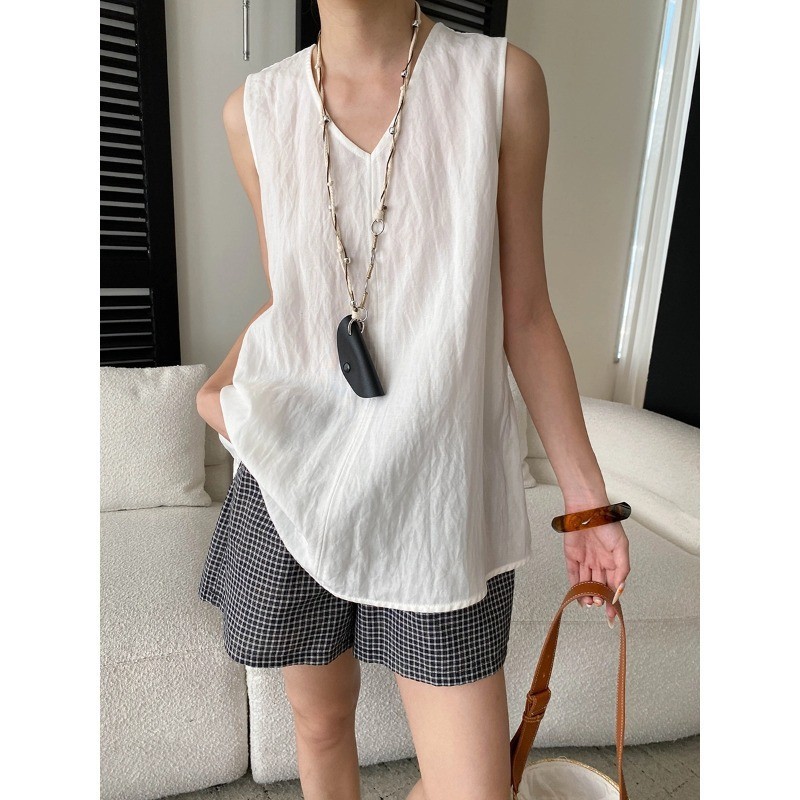SN904 ลําลองหลวม Tencel ผ้าลินินผสมอารมณ์ V คอหลวมแขนกุดเสื้อกั๊กเสื้อ SN9044